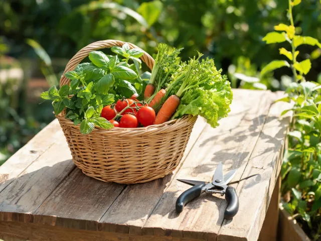 Garden harvest basket and plant snips